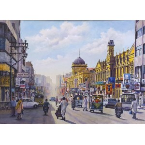 Hanif Shahzad, View of Zaibunnisa Street, 27 x 36 Inch, Oil on Canvas, Cityscape Painting, AC-HNS-051